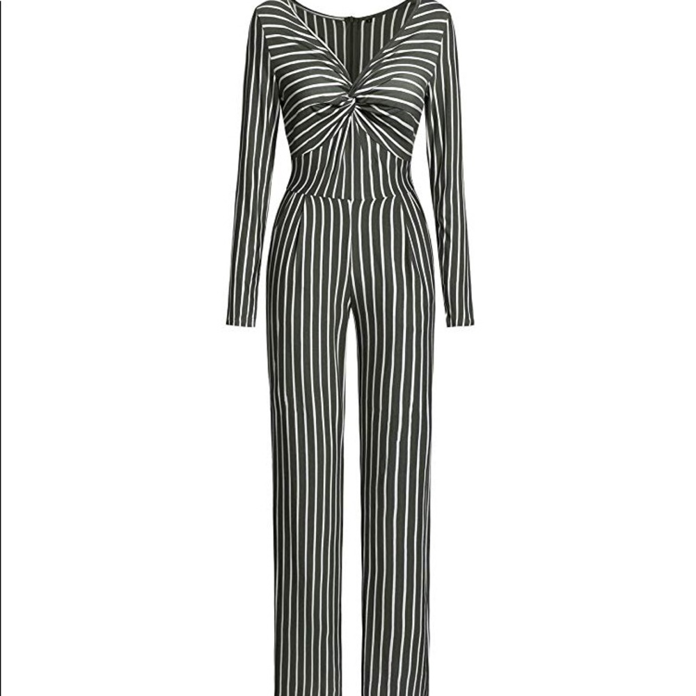 Long Sleeve V NeckStriped Casual JumpsuitRomper
